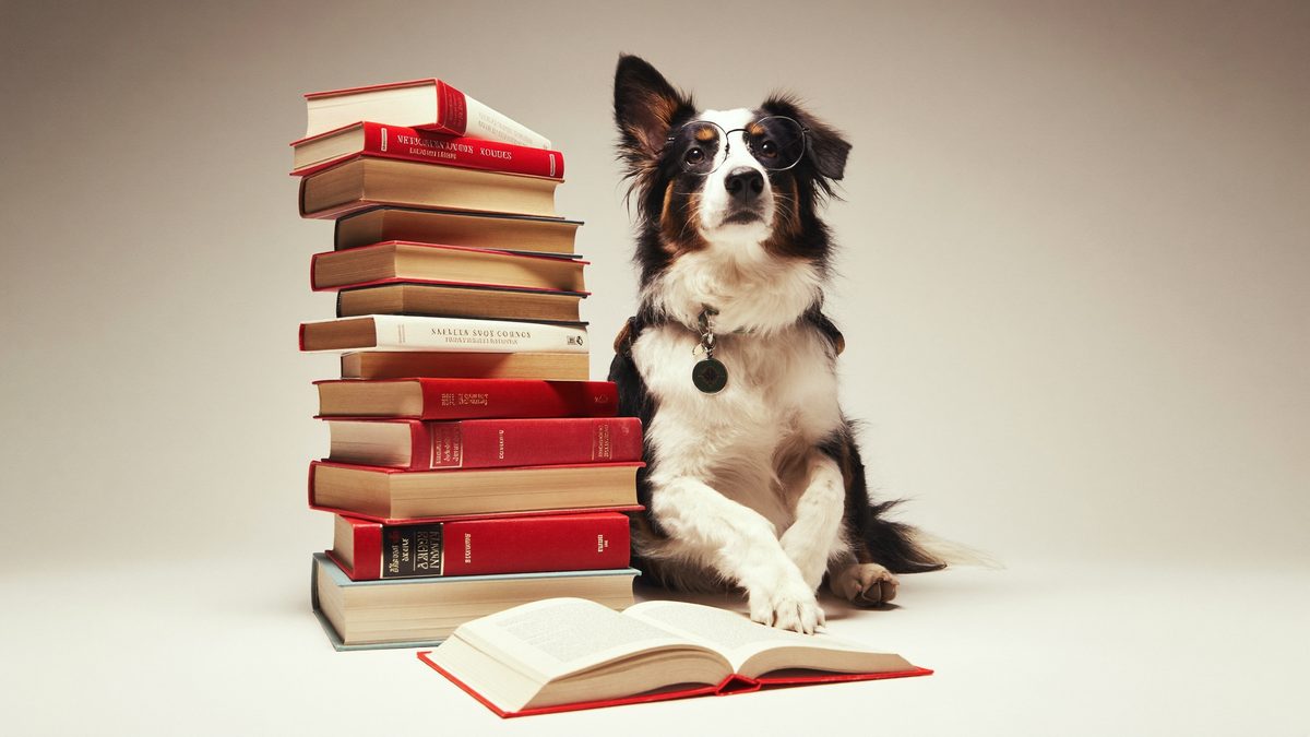 Border collie wearing scholar glasses beside a stack of red books, on a cream studio backdrop